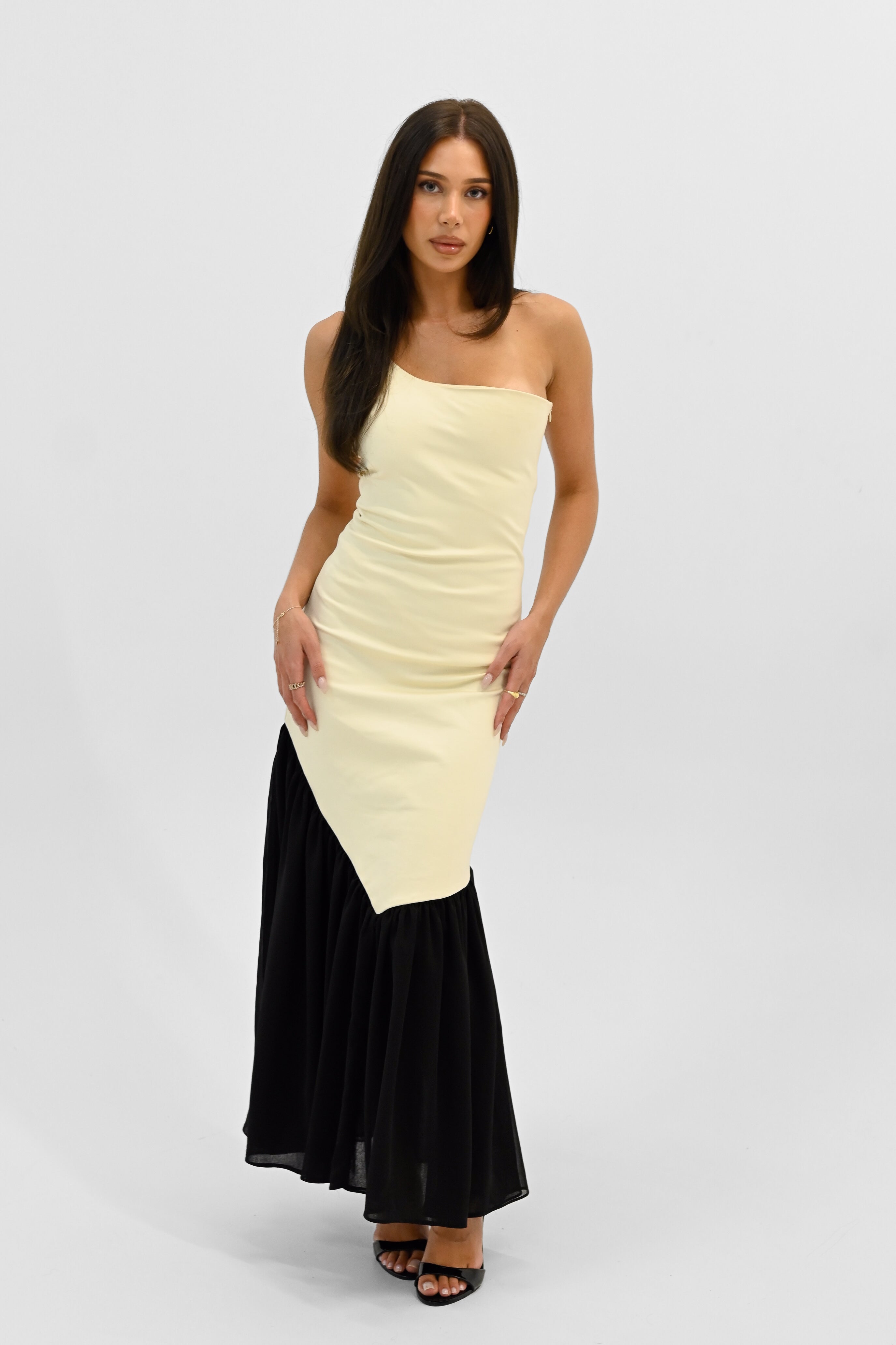 LYLA-Asymmetrical Maxi Dress-Ivory & Black – Morraa