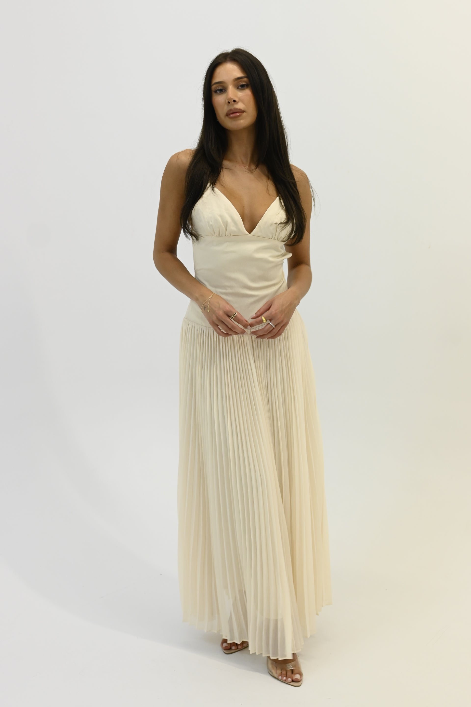 CECILIA-Backless Pleated Maxi Dress-Eggshell Morraa CECILIA-Backless Pleated Maxi Dress-Eggshell Morraa