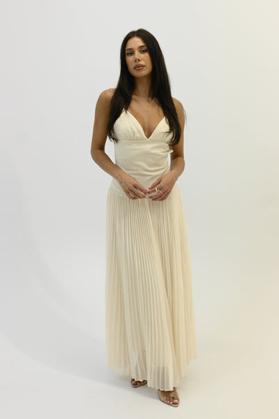 CECILIA-Backless Pleated Maxi Dress-Eggshell Morraa CECILIA-Backless Pleated Maxi Dress-Eggshell Morraa